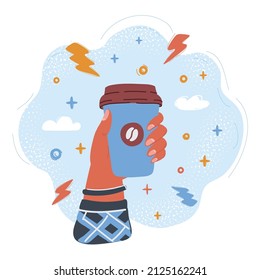 Cartoon, Vektorgrafik von Kaffeetasse in menschlichen Händen. Reine Energie