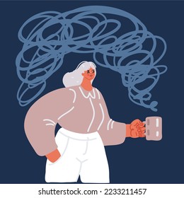 Cartoon, Vektorgrafik von Kaffeekrug in weiblichen Händen. Frau trinkt heißen Kaffee auf dunklem Hintergrund