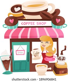 A cartoon vector illustration of a coffee shop and storekeeper at the window.