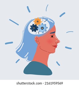 Cartoon Vector Illustration Of Cog Wheels Inside A Woman's Head