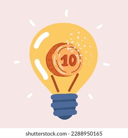 Cartoon vector illustration of Coins inside yellow light bulb. Concept of investment in knowledge.