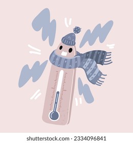 Ilustración vectorial de dibujos animados del uso del termómetro de frío en la bufanda y el sombrero