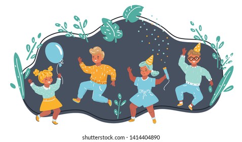 Cartoon vector illustration of Collage of jumping school children on dark background