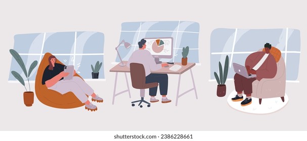 Cartoon vector illustration of Colleagues in office. Coworkers relaxing, chatting cartoon characters. Corporate worker, business people communicate. Coworking open space