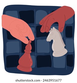 Cartoon vector illustration of Collection of chess Banner template with hand holding chess piece. Strategy concept. Hands hold bishop and knight. Black and white concept over dark backround