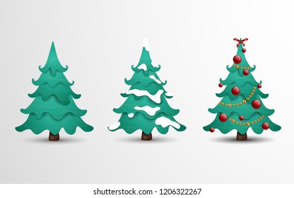 Cartoon vector illustration collection of Christmas tree in 3 different situations. Christmas tree decorated with red balls, bow, gold garlands, snow isolated. New Year eve.