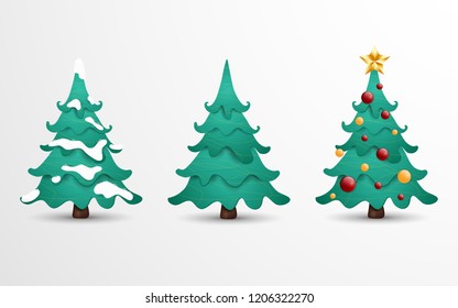 Cartoon vector illustration collection of Christmas tree in 3 different situations. Christmas tree decorated with balls, bow, garlands, snow isolated. New Year eve.