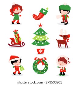 A cartoon vector illustration collection of christmas theme characters and symbols. Included in the set: kids, christmas tree, sleigh and gifts, reindeer and decoration.