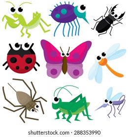 A cartoon vector illustration collection of colorful insects.