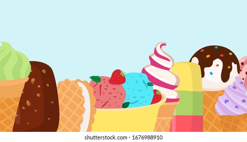Dibujo vectorial de la colección de postre de helado con fruta aislada en azul. Sabrosa comida congelada en verano. Afiche divertido y colorido de los deliciosos dulces favoritos de los niños