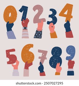 Cartoon vector illustration of Collection hands holding scores number in competition, tournament or contest. Votes of judges. 1,2,3,4,5,6,7,8,9,0. One, two, three, four, five, six, seven, eight, nine.