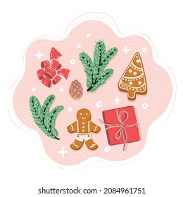 Cartoon vector illustration of Collection of Merry Christmas And Happy New Year elements cookies, christmas tree branches,