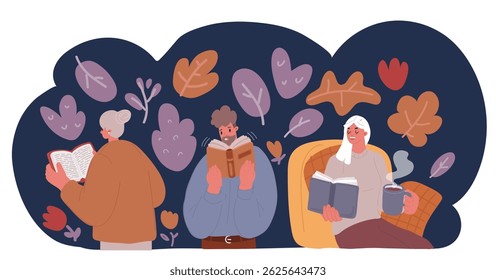 Cartoon vector illustration of Collection of people reading or students studying and preparing for examination. Set of book lovers, readers, modern literature fans over dark background