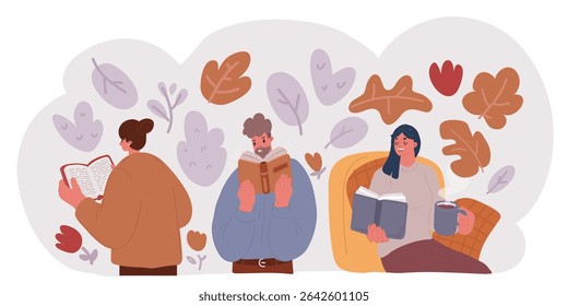 Cartoon vector illustration of Collection of people reading or students studying and preparing for examination. Set of book lovers, readers, modern literature fans