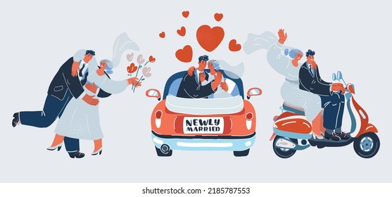 Cartoon vector illustration of Collection of wedding couple dance together, ride in car or scooter. Honey moon and Newly Married concept.