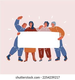 Cartoon vector illustration of Collection of young women holding blank placards. Happy women holding a banner.