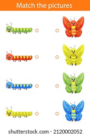 Cartoon vector illustration for color learning for young children. Cute cartoon caterpillar and butterfly. Logic games for children. Education card with task for children preschool and kindergarten.