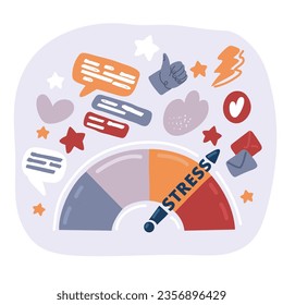 Cartoon vector illustration of Color scale with arrow from red to green and the scale of emotions. The measuring device icon- sign tachometer, speedometer, indicators.