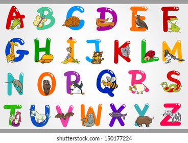 Cartoon Vector Illustration of Colorful Alphabet Letters Set from A to Z with Funny Animals