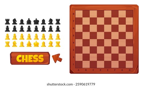 Cartoon vector illustration of a colorful chessboard setup with black and gold pieces ready for a classic game. Chessboard in a warm wooden frame with button isolated on white background for games, ui