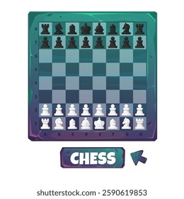 Cartoon vector illustration of a colorful chessboard setup with black and white pieces ready for a classic game. Chessboard with button isolated on white background for games, ui, clipart, icon etc