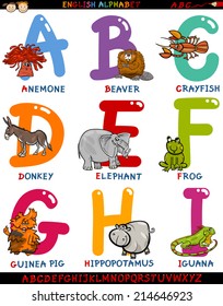 Cartoon Vector Illustration of Colorful English Alphabet Set with Funny Animals from Letter A to I