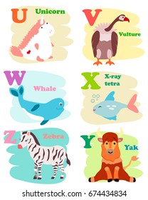 Cartoon Vector Illustration of Colorful English Alphabet with Funny Animals from Letter U to Z