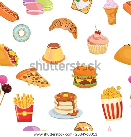 A cartoon vector illustration of  colorful fast food and dessert sweets seamless pattern background. pastry, candy, burger, pop corn, fries, pizza, burger, muffins