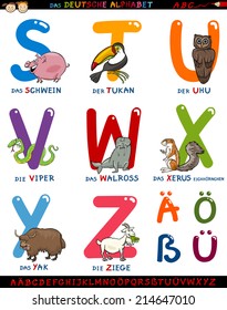 Cartoon Vector Illustration of Colorful German or Deutsch Alphabet Set with Funny Animals from Letter S to Z and Special Characters