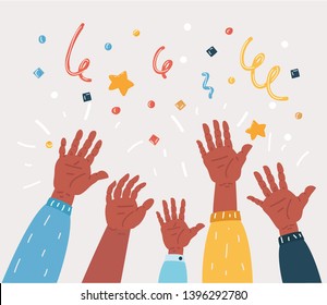 Cartoon vector illustration of Colorful Hand Up. People celebrate holiday. Firecrackers, fireworks, carnival on white background.