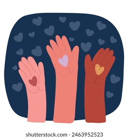 Cartoon vector illustration of colorful hands up with hearts over dark backround