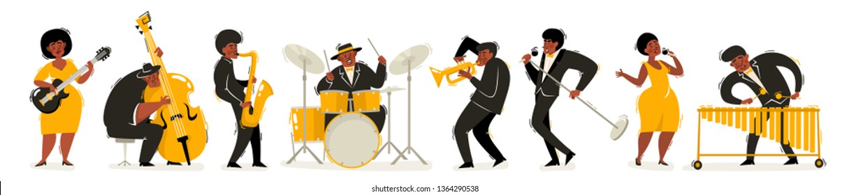 Cartoon vector illustration of colorful jazz musicians isolated on white background. African people playing jazz, soul music. Full height portrait of black men used for music poster, magazine.