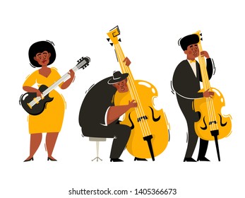 Cartoon vector illustration of colorful jazz musicians isolated on white. African people playing jazz, soul music on bassguitar, conrabass. Full height portrait of black men used for music poster