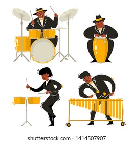 Cartoon vector illustration of colorful jazz musicians isolated on white. African people playing jazz, soul music on drums, congo, vibraphone and timbales used for music poster, magazine.