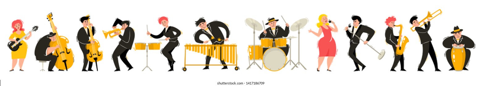 Cartoon vector illustration of colorful jazz musicians isolated on white background. European people playing jazz, soul music. Full height portrait of people used for music poster, magazine.