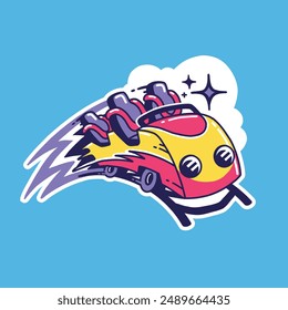 cartoon vector illustration of a colorful roller coaster on a track going fast until flames come out behind it, can be used as stickers for adrenaline junkies, amusement park,  t-shirts, hats, etc