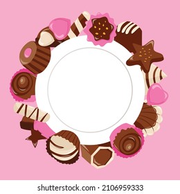 A cartoon vector illustration of colorful sweet valentine chocolate around a white plate copy space on a pink background.