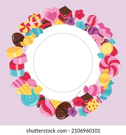 A cartoon vector illustration of colorful sweets aand candies around a white plate copy space on a purple background.