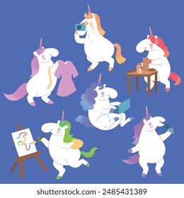 Cartoon vector illustration of colorful unicorns doing creative artistic activities. Fantasy whimsical character set. Blue background