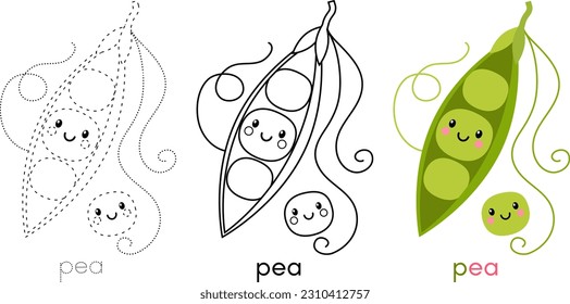 Cartoon vector illustration. Colouring page. Cute Pea with funny face