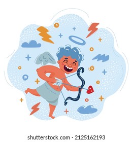 Dibujo vectorial de dibujos animados de cupido cómico con arco y flecha en sus manos.