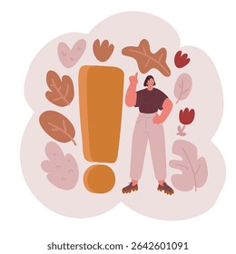 Cartoon vector illustration of Communication of people in search of solutions to problems, use in web-projects and applications, collective thinking. Woman stand near exclamation mark