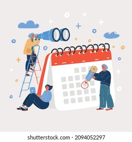 Cartoon vector illustration of Company business team working together planning and scheduling. Searching, working. Project manader