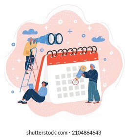 Ilustración vectorial de caricatura del equipo empresarial de la empresa trabajando juntos en la planificación y programación de su agenda de operaciones en un gran calendario de escritorio de primavera.