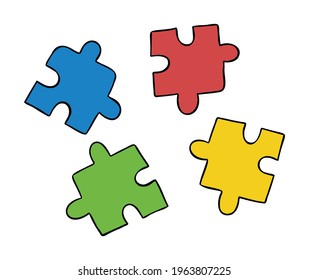 Cartoon vector illustration of compatible 4 puzzle pieces in different colors. Colored and black outlines.