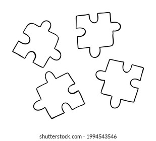 Cartoon vector illustration of compatible 4 puzzle pieces in different colors. Black outlined and white colored.