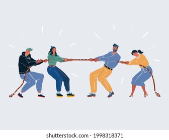 Cartoon vector illustration of competition two vs two. Man and woman play tug of war on white background.
