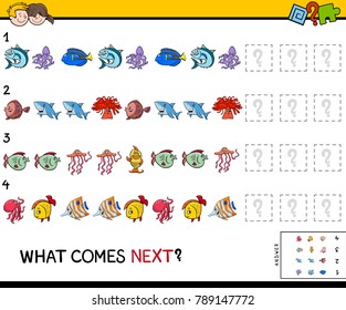 Cartoon Vector Illustration of Completing the Pattern Educational Game for Preschool Children with Sea Life Animal Characters