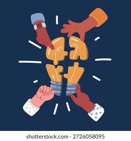 Ilustración vectorial de dibujos animados de collage compuesto Imagen de brazos de cuatro personas que sostienen piezas de rompecabezas de bombilla sobre fondo oscuro