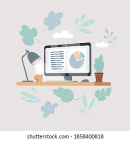 Cartoon vector illustration of Computer at the desk. The working place in the office on white background.